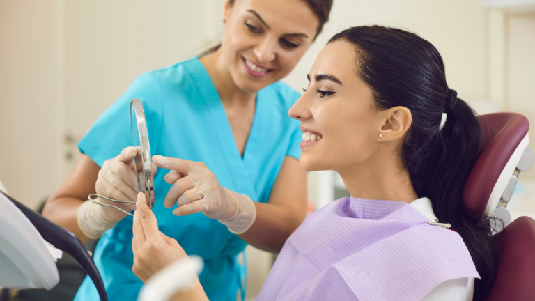 Woman getting dental work done